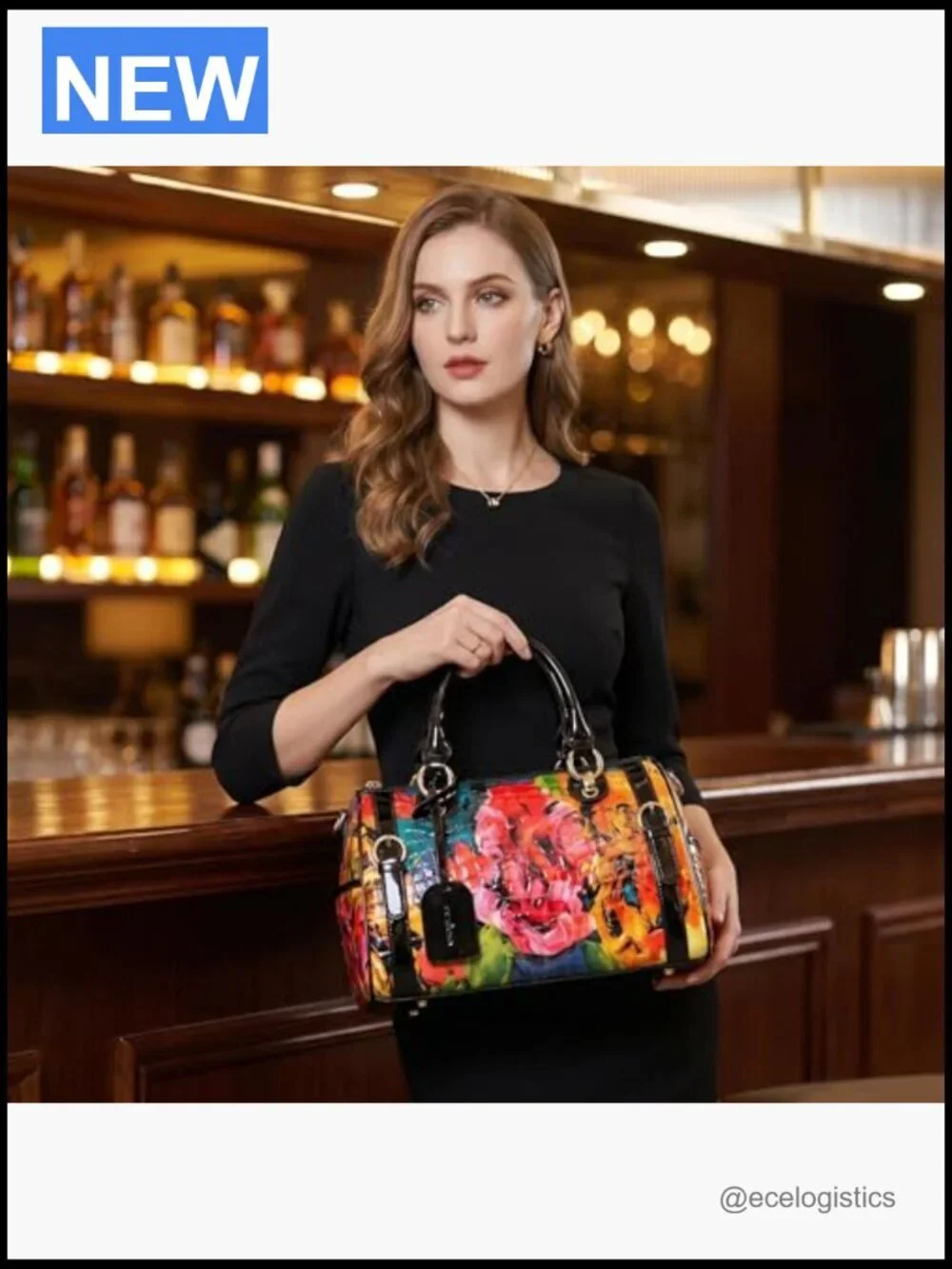 Genuine Leather Satchel Handbag with Floral Pattern Crossbody